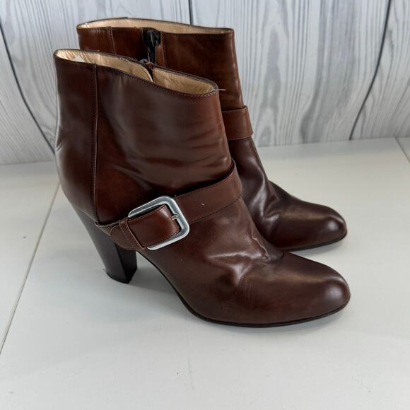 Cole Haan Size 8 Brown Leather Ankle Boots High Block Heel Buckle Bootie - Picture 1 of 10
